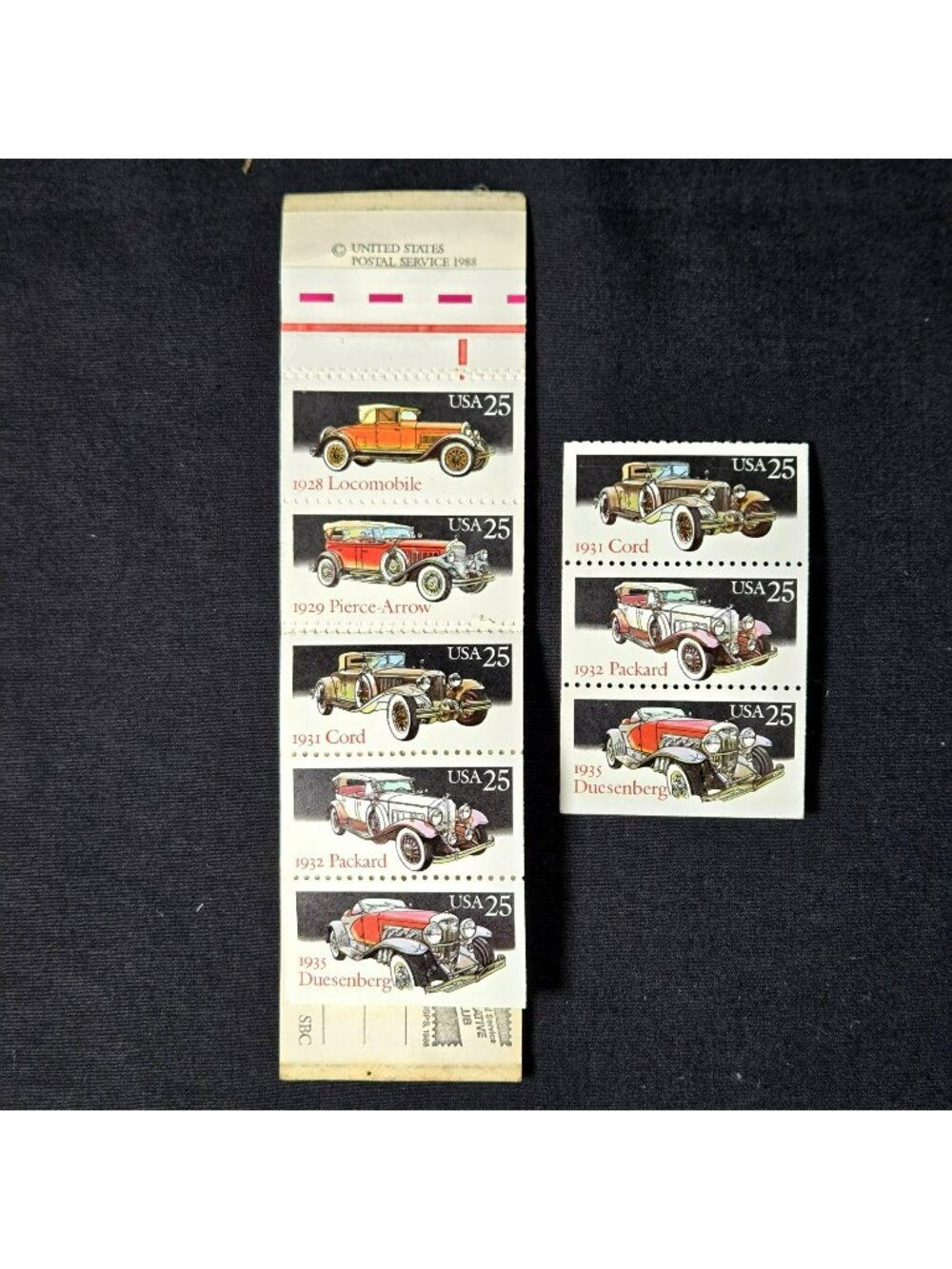 Classic Car 1988 USPS 25¢ Stamps Locomobile Pierce-Arrow Cord Packard Duesenberg